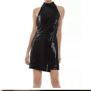 Halston Women's Cocktail Dress Size 8 Black Sequin Sleeveless Halter Mini Sheath